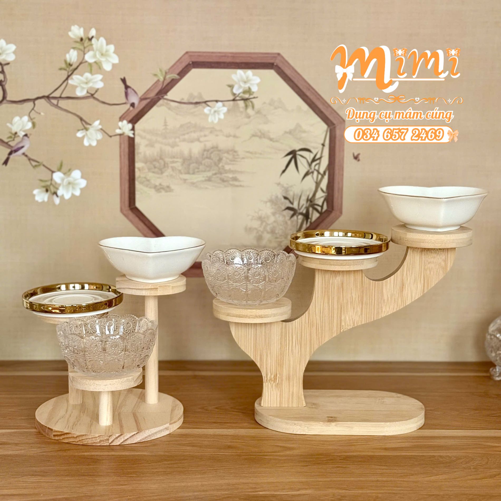 Kệ gỗ 3 tầng trưng bày bánh, trái cây – sang trọng & tiện dụng cho mâm cúng đầy tháng, thôi nô